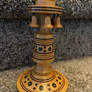 Handcrafted Wooden Candle Holder with Bells from Ukrainian SSR Vintage